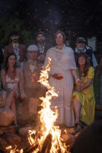 wedding at a campfire at night.